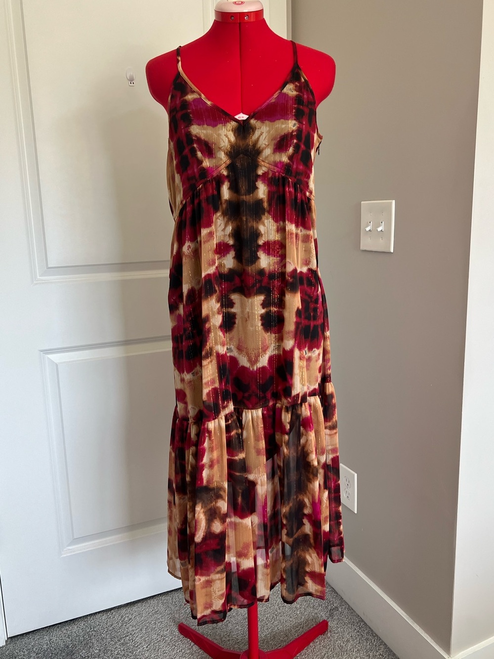DKNY Burgundy and Tan Tie-Dye Spaghetti Strap Maxi Dress